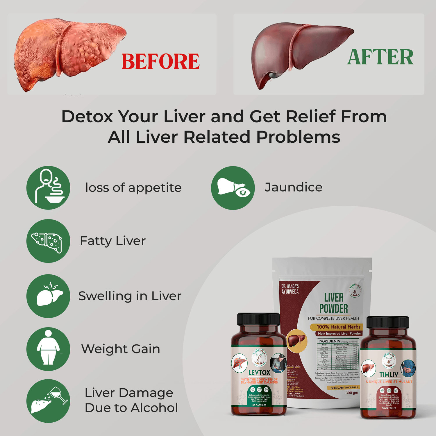 "before and after" comparison of a liver, with a diseased liver labeled "BEFORE" and a healthy one labeled "AFTER." It advertises liver supplements from "Dr. Handa&