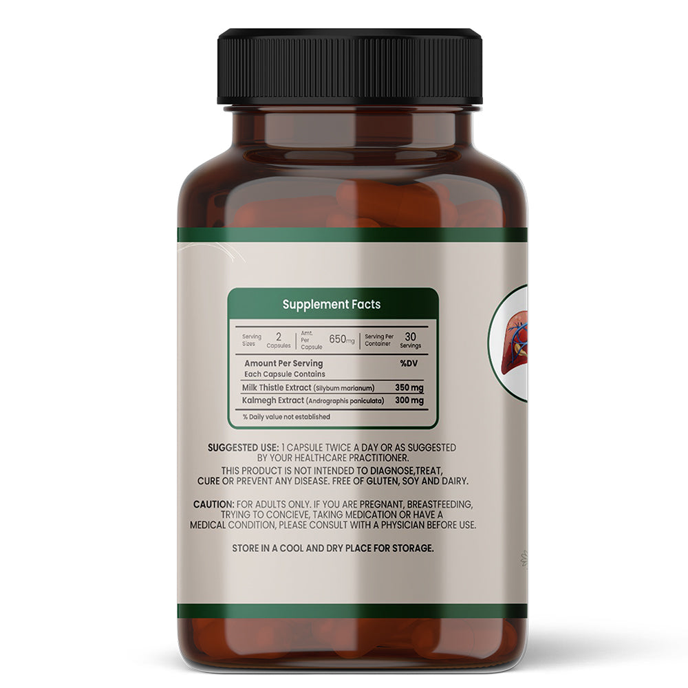 Back label of Herbovedam Levtox | Cleanse, Strengthen &amp; Protect Your Liver showing supplement facts with Milk Thistle and Kalmegh extract. Herbal supplement for liver detox and protection.